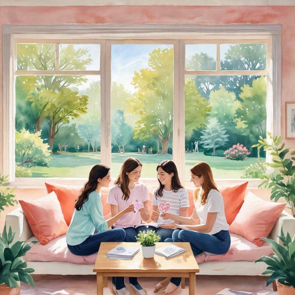A warm, inviting scene depicting four different symbols of love languages: caring gestures, meaningful words, quality time, and acts of service, intertwined with heart-shaped illustrations. Soft, pastel colors that evoke a sense of warmth and tenderness, with a cozy background of a sunlit room or a serene park setting. The layout is harmonious, expressing the beauty of human connections. watercolors. soft focus. vibrant colors.