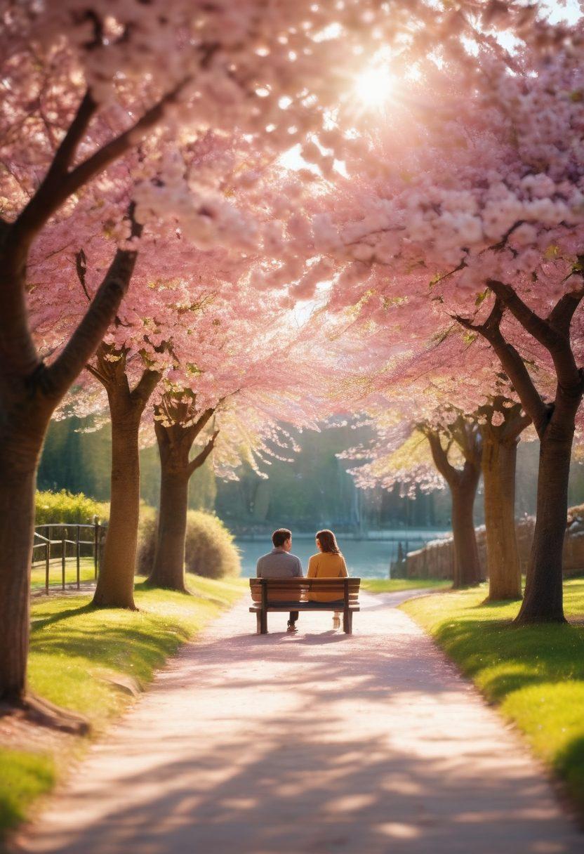 A serene scene of two people sitting on a park bench, holding hands and laughing together, surrounded by blooming cherry blossom trees. Sunlight filters through the leaves, creating a warm and inviting glow. In the background, a winding path is lined with couples enjoying their time together. The overall atmosphere conveys deep emotional bonds and affection. super-realistic. vibrant colors. soft focus.