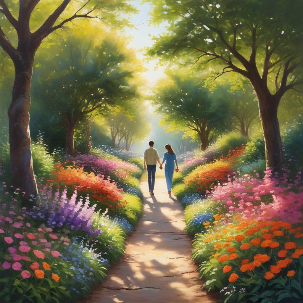 A serene path winding through a lush garden, symbolizing the journey of love, with hand-in-hand silhouettes of a couple at the center, surrounded by blooming flowers representing growth and companionship. Soft sunlight filters through the trees, creating a warm and inviting atmosphere. The scene conveys intimacy and connection while incorporating elements of nature's beauty. vibrant colors. painting.